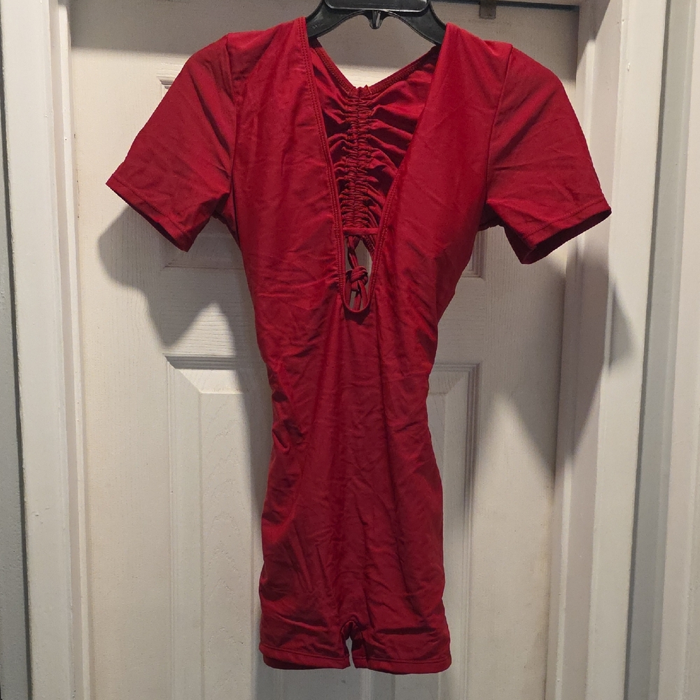 Red Ruched V-Neck Short Sleeve Bathing Suit